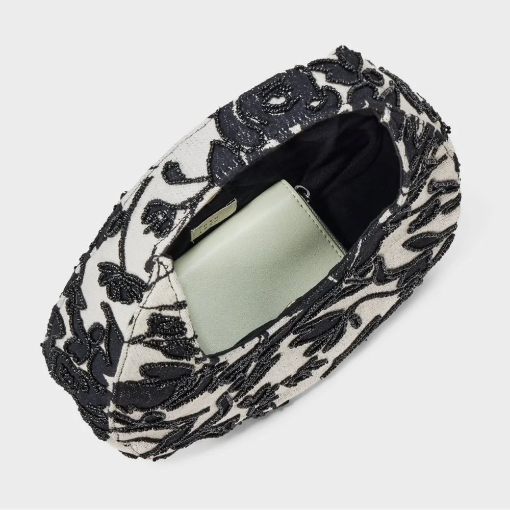 a new day Black Ivory Floral Toille Hobo Bag with Modern Beaded Design::NWT::